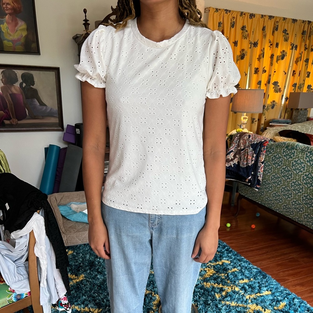 Les Amis Eyelet Ruffle Sleeve Top